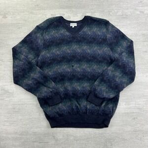 Vintage Maus & Hoffman Geometric Striped Sweater Size Large Blue V Neck Pullover